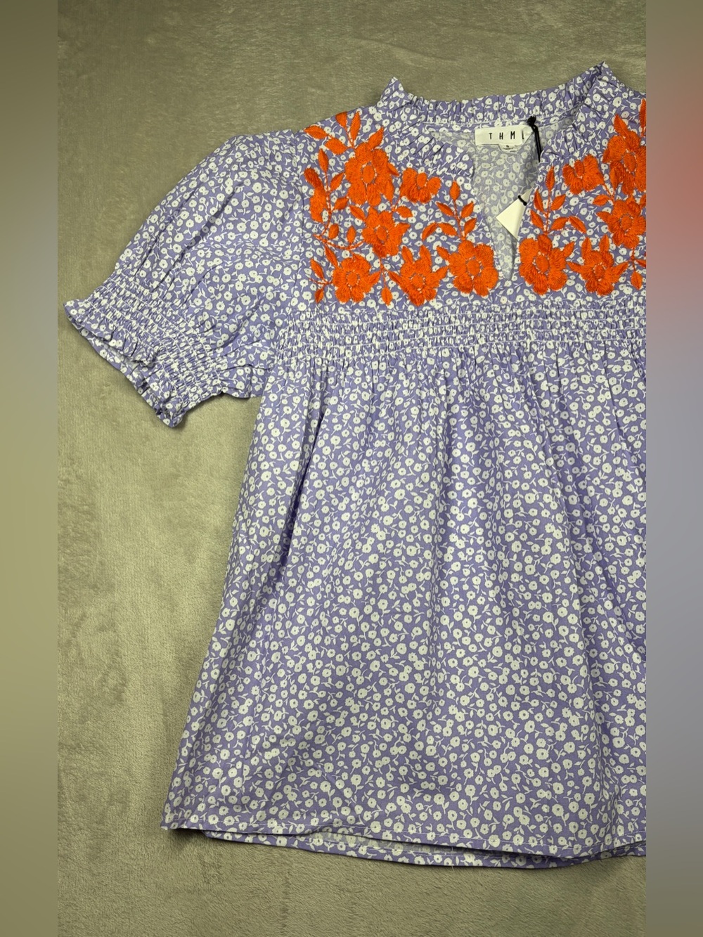 NWT THML Floral Embroidered Purple Orange White Short Puff Sleeve Blouse Small - Picture 2 of 14